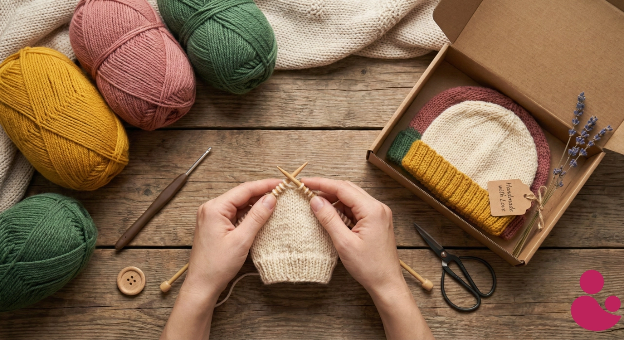 Dłonie kobiety tworzącej rękodzieło – dzierganą czapeczkę dla dziecka