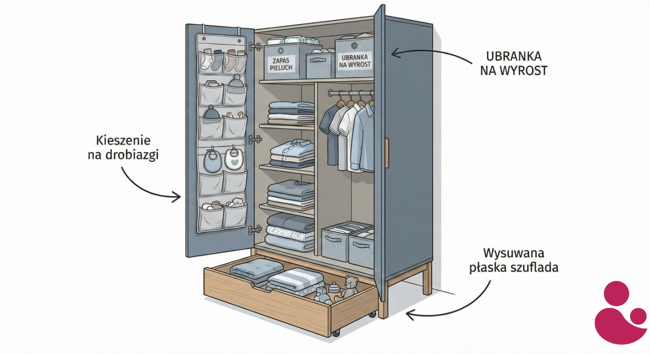 Infografika pokazująca sprytne sposoby na przechowywanie rzeczy dziecka w małym mieszkaniu, wykorzystanie drzwi i przestrzeni pod meblami.
