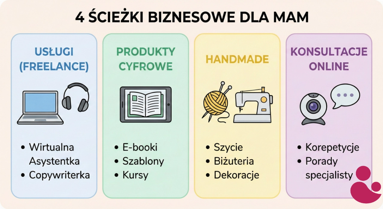 Infografika przedstawiająca cztery pomysły na biznes online dla mam na macierzyńskim