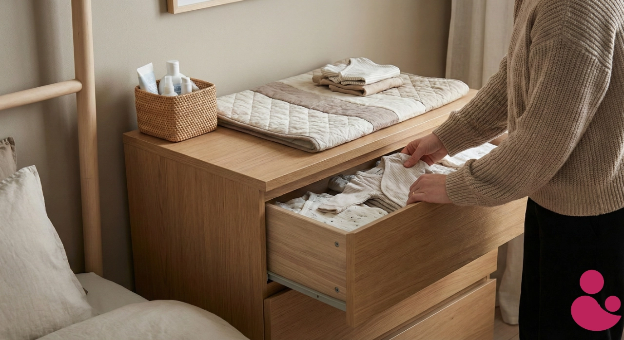 Komoda w sypialni zaadaptowana na kącik do przewijania niemowlaka z matą na blacie.