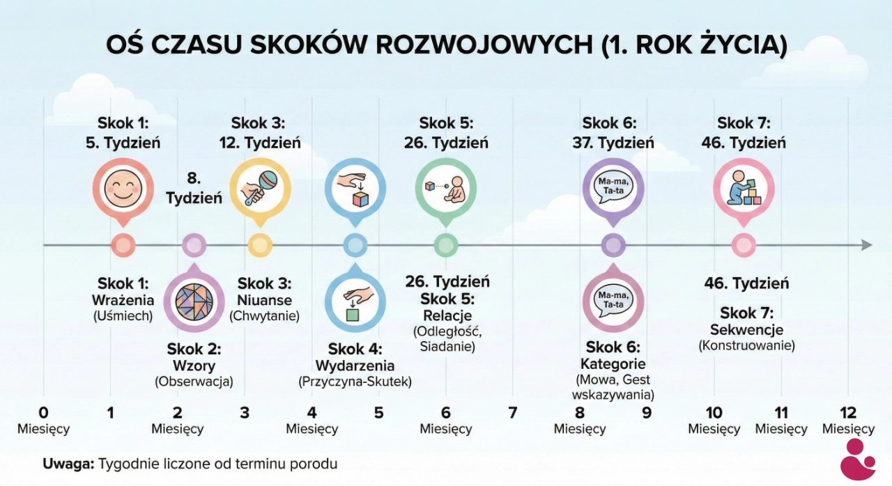 Skoki rozwojowe w 1. roku życia: Kalendarz, Objawy i Porady | ProjektMama.pl 1 Oś czasu skoków rozwojowych
