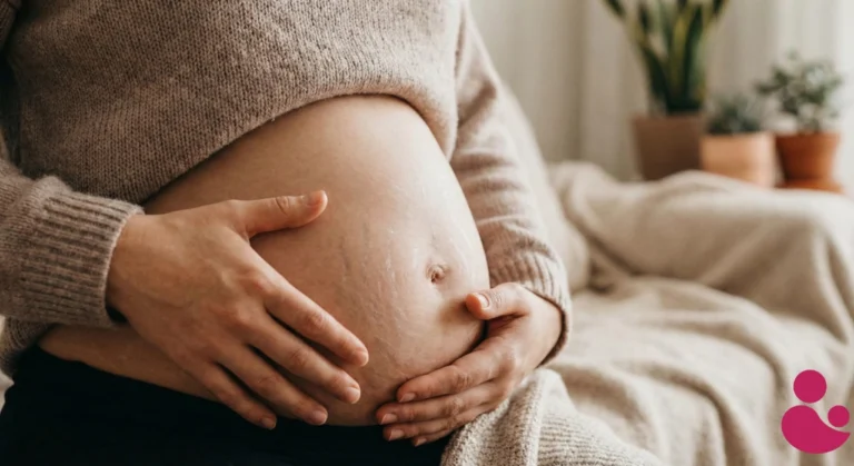 Pielęgnacja skóry z rozstępami: Domowe sposoby i skuteczne zabiegi. Kobieta czule dotykająca brzucha z widocznymi rozstępami po ciąży