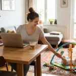 Mama pracująca zdalnie na laptopie w domu, z bawiącym się obok niemowlakiem