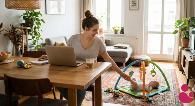 Mama pracująca zdalnie na laptopie w domu, z bawiącym się obok niemowlakiem