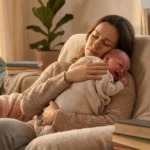 Marudne niemowlę na rękach zmęczonej mamy - typowy objaw skoku rozwojowego