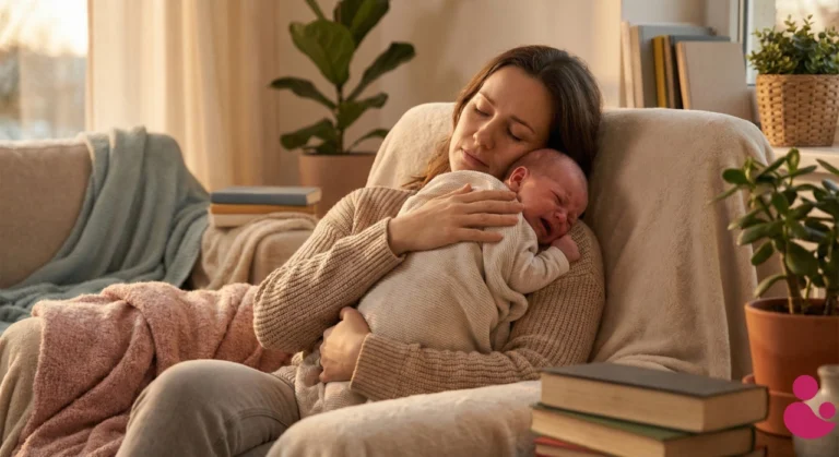 Skoki rozwojowe w 1. roku życia: Kalendarz, Objawy i Porady | ProjektMama.pl Marudne niemowlę na rękach zmęczonej mamy - typowy objaw skoku rozwojowego