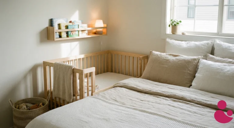 Przytulny kącik dla niemowlaka w małej sypialni rodziców z łóżeczkiem dostawnym