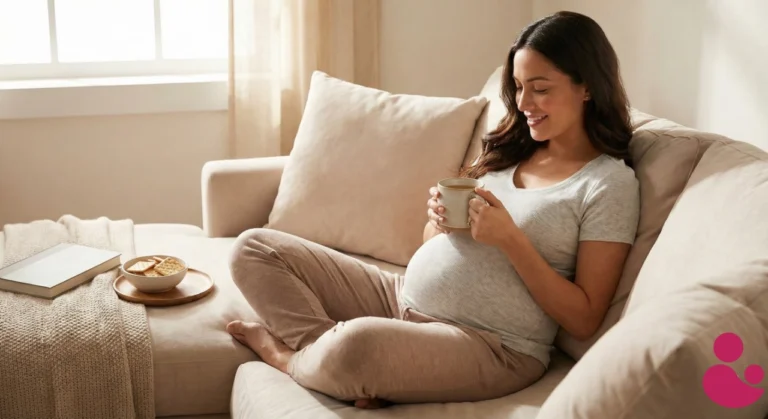 Pierwszy trymestr bez tajemnic – jak przetrwać poranne mdłości i zmęczenie? Poradnik przetrwania Uśmiechnięta kobieta w ciąży odpoczywa na kanapie z kubkiem herbaty i krakersami – domowe sposoby na poranne mdłości i zmęczenie w pierwszym trymestrze.